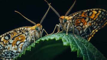 Two butterflies sharing a leaf showcasing beautiful wing patterns elegantly photo