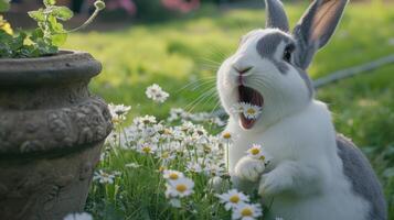 A curious rabbit enjoying flowers amongst a green garden scene photo