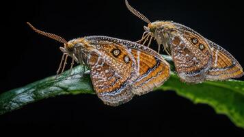Two brown and patterned moths are perched on a green leaf photo