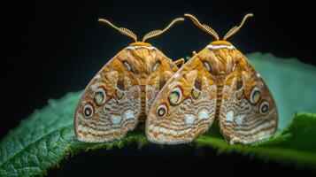 Close up view showing two moths resting on a green leaf photo