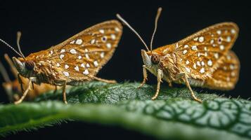 Two butterflies with speckled wings rest on a green leaf surface photo