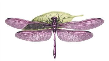 A detailed drawing showcasing a purple dragonfly and a leaf photo