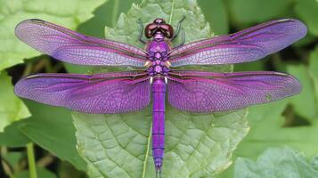 A close up of a vibrant purple dragonfly resting on a leaf photo