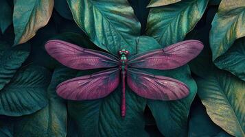 A stylized dragonfly rests on vibrant green and teal leaves photo