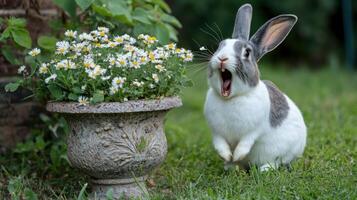 A yawning bunny stands near a flower pot in green grass photo