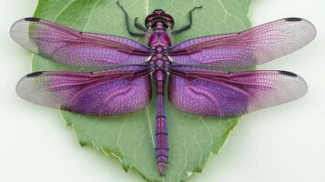 A detailed artistic image of a vivid purple dragonfly on a leaf photo