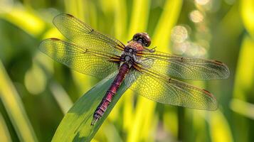 A colorful dragonfly resting on a green blade of grass photo