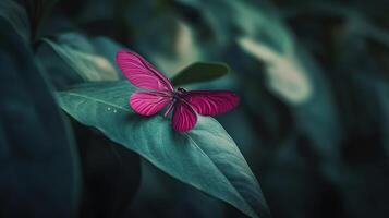 A beautiful magenta insect rests on a large textured leaf photo