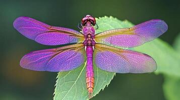 A colorful dragonfly rests on a green leaf against a blurred background photo