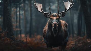 A majestic moose standing prominently in a dense forest setting photo