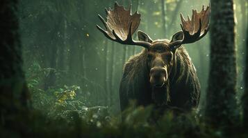 A large moose with impressive antlers stands within the forest photo