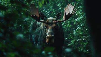 A majestic moose is looking forward in a lush green forest photo