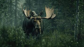 A majestic moose stands within a lush and misty forest photo