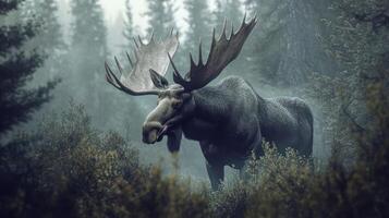 A majestic moose stands in a misty forest environment photo