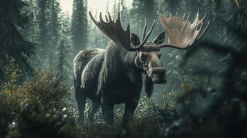 A majestic moose stands tall within a dense forest setting photo