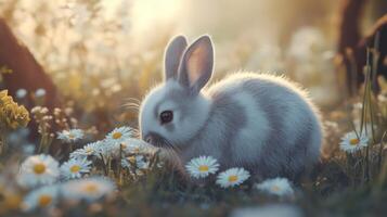 A fluffy gray bunny enjoys a field of blooming white daisies photo