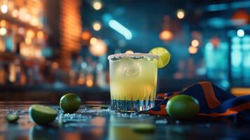 A refreshing cocktail garnished with a lime slice and salt photo