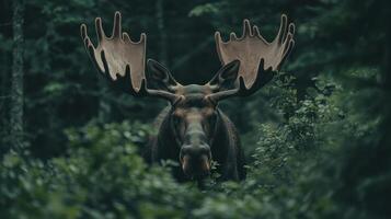 A large moose is looking directly at the viewer in the forest photo