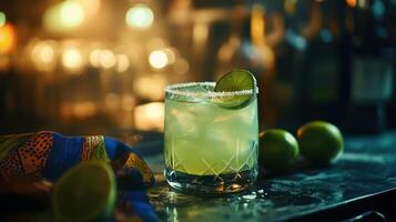 A Refreshing Cocktail Garnished With Lime Is Shown On Bar photo