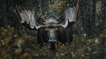 A majestic moose with large antlers stands in the forest photo