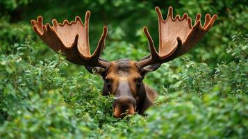 A large moose with impressive antlers peers from green bushes photo
