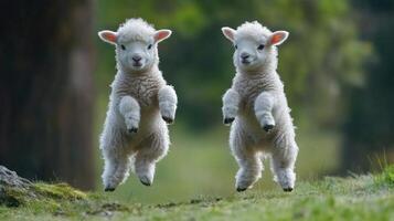Two fluffy white lambs are joyfully leaping in the green meadow photo