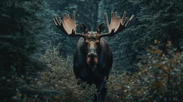 A large moose with impressive antlers stands in a forest photo