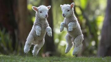 Two playful lambs are leaping and bouncing through a green meadow photo
