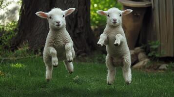 Two young lambs leaping and playing on a bright grassy lawn photo