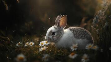 A fluffy rabbit enjoys the daisies in a peaceful meadow scene photo