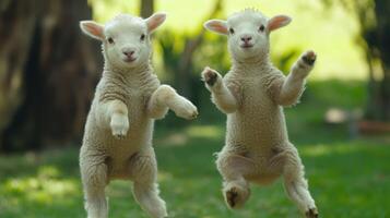 Two adorable lambs standing and jumping in a grassy green area photo