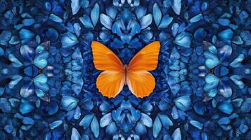 A beautiful butterfly is surrounded by various blue flower petals photo
