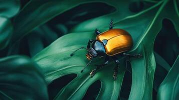 A golden beetle rests on a large green tropical leaf photo