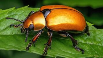 A vibrant metallic beetle rests on a healthy green leaf photo