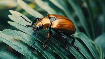 A striking beetle rests on a vibrant green tropical leaf photo