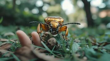 A shiny golden beetle stands on grass in the natural outdoors photo