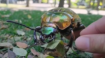 A beautiful shiny beetle resting on a green grassy surface photo