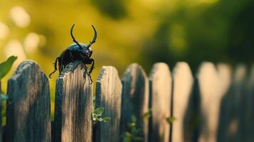 A beetle perched upon a weathered wooden picket fence structure photo