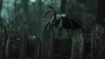 A large beetle is perched on a weathered wooden fence photo
