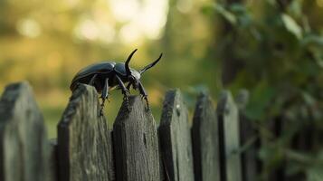 A large beetle resting on a weathered wooden picket fence photo