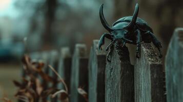 A large black beetle perches on a weathered wooden fence post photo