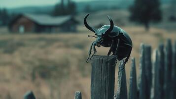 A large black beetle perched on a weathered wooden fence post photo