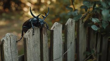 A large insect with horns perched upon a wooden fence photo