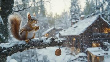 A fluffy squirrel seated on a branch during a snowfall photo