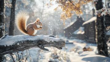 A small squirrel perched on a snowy log eating a nut photo