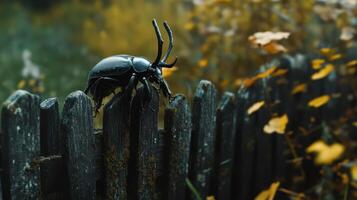 A large beetle with long horns sits on a wooden fence photo