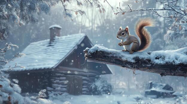 un ardilla encaramado en un Nevado rama fuera de un Iniciar sesión cabina foto