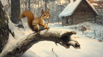 A Squirrel Posing on a Snowy Branch Outdoors in Winter photo