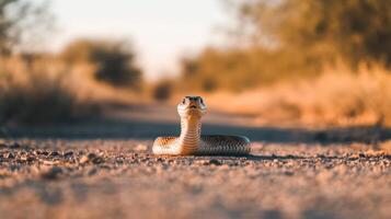 A snake is posing majestically on a sandy path outdoors photo