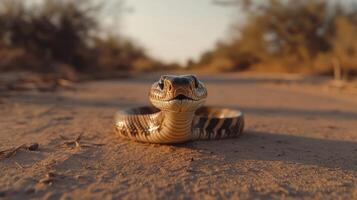 A beautiful snake is coiled peacefully on the earth photo